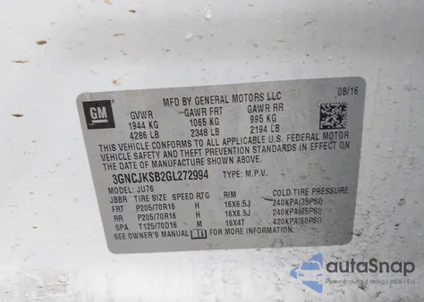 2016 Chevrolet Trax 1Ls z USA, uszkodzony, nr VIN 3GNCJKSB2GL272994